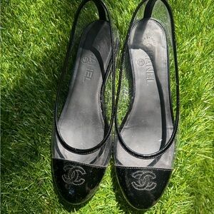 CHANEL Black Patent Leather Clear Ballet Flats